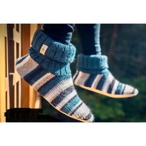 Smartwool Striped Knit Slipper Booties Unisex Small Blue Grey Cozy Cabin Hygge